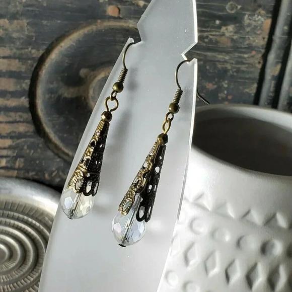 Faceted Clear Luster Crystal Antique Bronze Filigree Teardrop Earrings - Picture 2 of 9